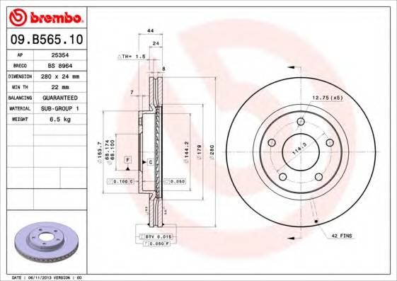 BREMBO 09.B565.10 TARCZA HAM. JUKE