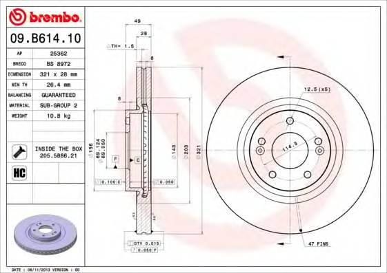 BREMBO 09.B614.10 Гальмівний диск