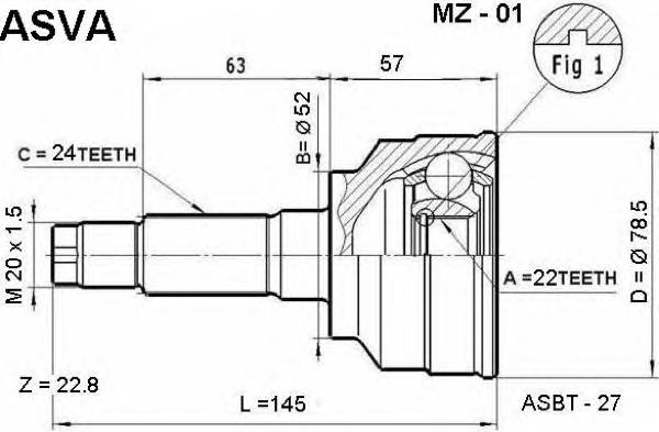 ASVA MZ01 ШРУС НАРУЖНЫЙ 22X52X24