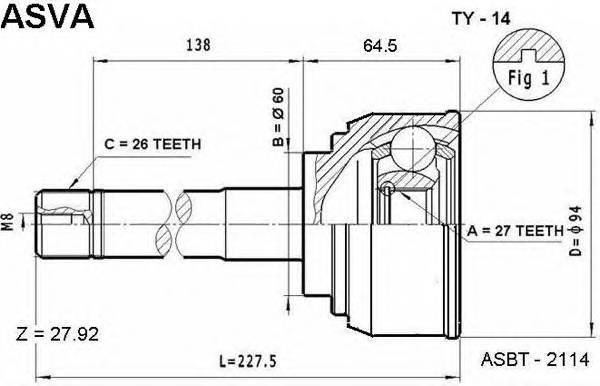 ASVA TY14 ШРУС ЗОВНІШНИЙ 27X60X26