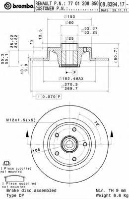 BREMBO 08.B394.17 Тормозной диск