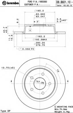 BREMBO 08.B601.10 Тормозной диск