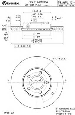 BREMBO 09.A905.10 Гальмівний диск