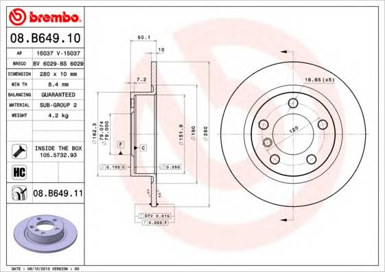 BREMBO 08B64911 TARCZA HAM. COOPER