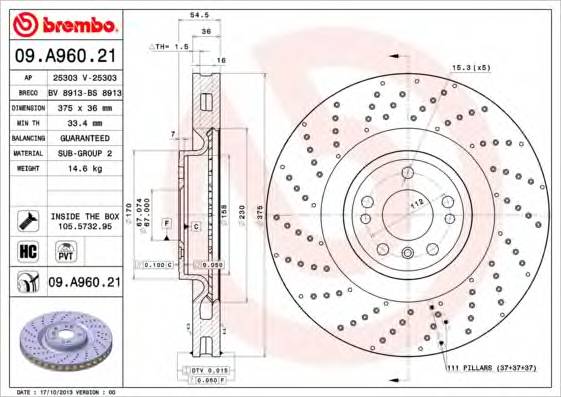 BREMBO 09A96021 Гальмiвний диск