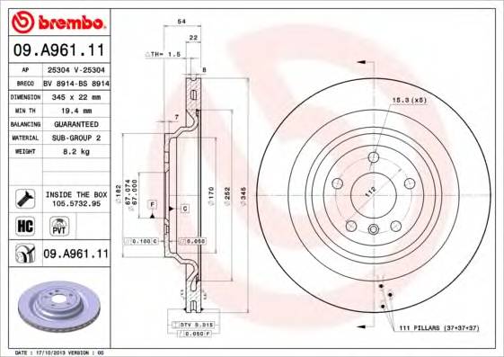 BREMBO 09.A961.11 Гальмiвний диск