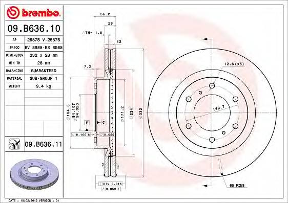 BREMBO 09.B636.11 Гальмiвний диск